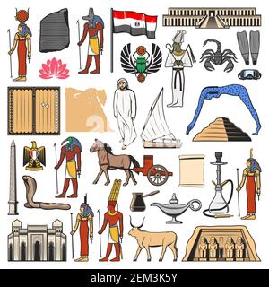 Icone vettoriali egiziane con antichi monumenti di viaggio egiziani, simboli religiosi e culturali. Bandiera e mappa dell'Egitto, piramide del faraone, dei sacri e templ Illustrazione Vettoriale