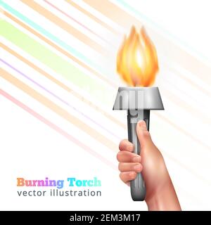 Torcia in mano composizione realistica con metallo di presa della mano umana torcia con fiamma e linee colorate illustrazione vettoriale Illustrazione Vettoriale