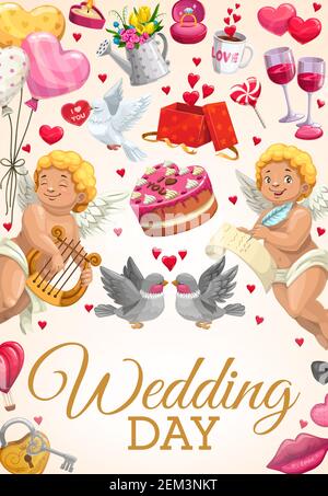 Biglietto d'auguri per il giorno del matrimonio, simboli di amore e passione. Cupide vettoriali che scrivono lettera e giocano arpa, coppia di colombe e torta di vacanza. Matrimonio e. Illustrazione Vettoriale