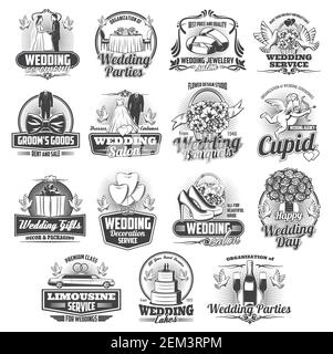 Servizio cerimonia nuziale icone isolate, vettore. Arrangiamento di matrimonio, sposo e sposa, bouquet di fiori di nozze e abito da sposa, gioielli sia Illustrazione Vettoriale