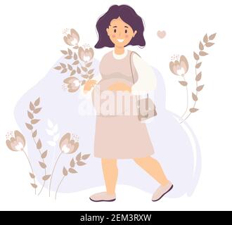 Maternità. Donna in gravidanza felice in un vestito rosa sorridente con una mano che abbracciano delicatamente il suo ventre e tenendo mazzo di fiori con l'altra. Lei Illustrazione Vettoriale