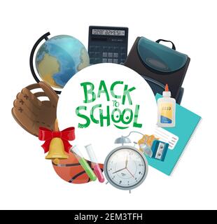 Torna a scuola icona con forniture per studenti e cancelleria, disegno vettoriale. Notebook, globo e zaino, calcolatrice, sveglia e affilatrice, basketba Illustrazione Vettoriale