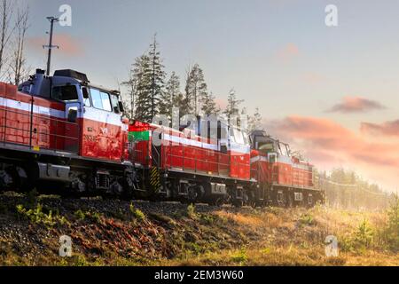 Tre locomotive diesel VR Group Div12, n. 2567, 2568 e 2538 a velocità di Hanko, prodotte negli anni '60 in rosso-bianco. Raasepori, Finlandia. Feb 14, 20. Foto Stock