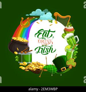 Scritta del giorno di San Patrizio, simboli di festa in cornice rotonda, motto di festa mangiare, bere e essere irlandese. Tazza vettoriale di birra, cornamusa e arpa, leprechauns ha Illustrazione Vettoriale