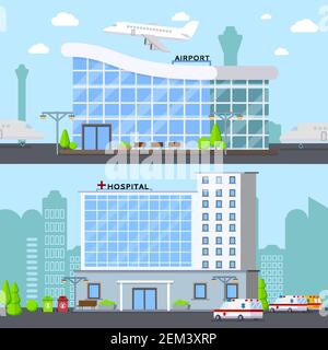 Edifici comunali con due composizioni piatte e un aeroporto moderno illustrazione vettoriale dei punti di riferimento urbani del terminale e dell'ospedale Illustrazione Vettoriale