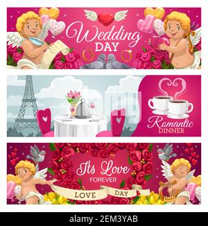 Giorno di nozze, cena romantica e carte di congratulazioni amore per sempre. Cupide vettoriali e colombe che celebrano l'impegno, tavolo da pranzo a Parigi. Forma del cuore Illustrazione Vettoriale