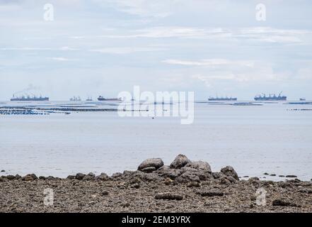 Vista dalla spiaggia rocciosa alle molte navi da carico stanno aspettando vicino al porto per caricare il container per consegnare in tutto il mondo, vista frontale con t Foto Stock