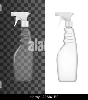 Flacone spray modello 3d di contenitori in plastica trasparente e bianca con spruzzatori a grilletto e confezioni con impugnatura a pistola. Confezione di detergente per cucina Vector, Illustrazione Vettoriale