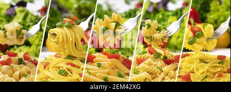 Collezione di pasta italiana, diversi tipi di pasta su forchetta Foto Stock