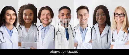 Collezione di ritratti di medici professionisti in posa su backround grigi, Collage Foto Stock