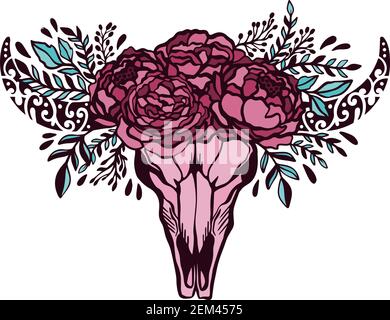 Cranio mucca fiore floreale rose.Etnico simbolo decorazione native.Boho stile americano style.isolato ni bianco sfondo. Illustrazione Vettoriale