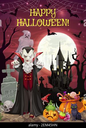 Felice scritta di Halloween e Dracula sul cimitero. Vettore castello al chiaro di luna, fantasma e croce su lapide, alberi e cranio. Jack-o-lanterna, gatto e. Illustrazione Vettoriale