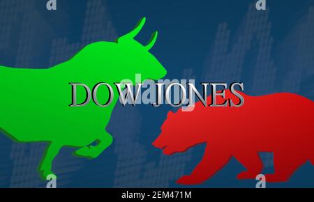 L'indice del mercato azionario americano Dow Jones è volatile e mostra mancanza di direzione. L'illustrazione mostra uno standoff tra un toro verde e un rosso... Foto Stock