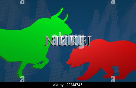 L'indice del mercato azionario giapponese Nikkei è volatile e mostra mancanza di direzione. L'illustrazione mostra uno standoff tra un toro verde e un orso rosso... Foto Stock