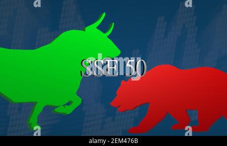 L'indice del mercato azionario cinese SSE 50 della Borsa di Shanghai è volatile e mostra mancanza di direzione. L'illustrazione mostra uno standoff tra un verde... Foto Stock