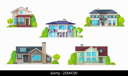 Immobili costruzione icone vettoriali di case residenziali, case e cottage, bungalow, case cittadine, ville e ville. Villaggio e città a due piani h Illustrazione Vettoriale