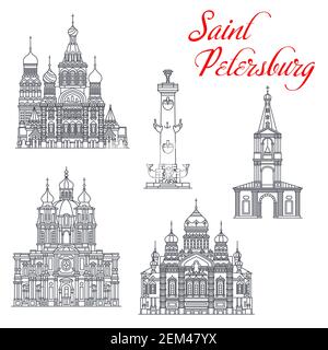 San Pietroburgo e Russia viaggio simbolo vettore icone. Chiesa del Salvatore sul sangue versato, Cattedrale di Smolny e Chiesa dell'Assunzione della Beata Maria Illustrazione Vettoriale