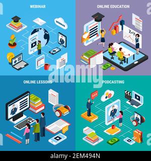 Set di quattro icone isometriche per webinar quadrati con formazione online lezioni e descrizioni di podcasting illustrazione vettoriale Illustrazione Vettoriale