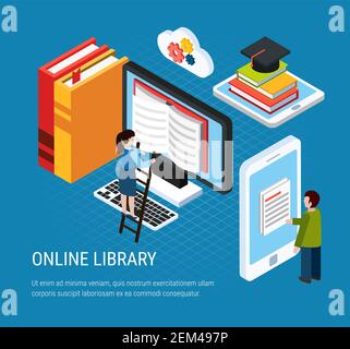 Webinar isometrico composizione colorata titolo della libreria online ed elementi astratti associato a libri e illustrazione vettoriale di apprendimento Illustrazione Vettoriale