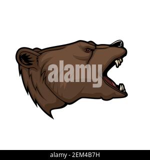 Mascotte vettoriale della testa dell'animale grizzly o dell'orso. Sport, caccia e zoo simbolo di orso bruno selvatico arrabbiato, aggressivo mammifero predatorio ruggito con le mascelle aperte, Illustrazione Vettoriale