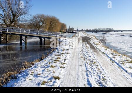 Paesaggio olandese ghiacciato e innevato con cielo blu chiaro. Acqua ghiacciata nel canale. Spazio copia. Persone sullo sfondo sono pattinaggio su ghiaccio Foto Stock