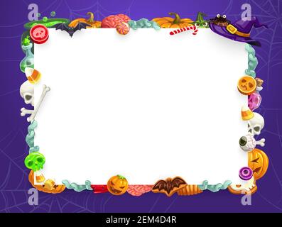 Halloween Holiday vettore cornice di trucco o trattare dolci e mostri di notte horror. Zucche, cappello di strega e teschi di scheletro, caramelle, lollipop e cak Illustrazione Vettoriale