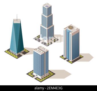 Moderni centri d'affari, isolati edifici alla moda con ombra. Case immobiliari vettoriali in design isometrico 3D, grattacieli a più piani. Città Illustrazione Vettoriale