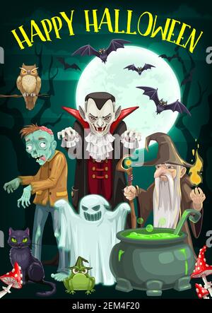 Halloween notte horror mostri vettoriali personaggi di fantasma, dracula vampiro e zombie, gatto nero, pipistrelli e mago male con luna piena e pozione cauld Illustrazione Vettoriale