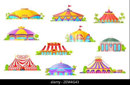 Grande tenda circo isolato icone, edificio cartoon e carnevale a strisce marchee con bandiere. Chapiteau circo, parco divertimenti e parco divertimenti entra Illustrazione Vettoriale