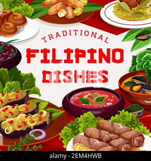 Piatti della cucina asiatica filippina, poster vettoriale del cibo. Zuppa di Pochreo, cozze in salsa di cocco, banane fritte in pastella, adobo con pollo. Filippino lumpi Illustrazione Vettoriale