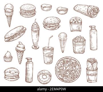 Icone del menu di schizzo del fast food, hamburger, pizza e panini. Vector fastfood pasto e snack schizzo, hamburger con patatine fritte, burrito messicano e d Illustrazione Vettoriale