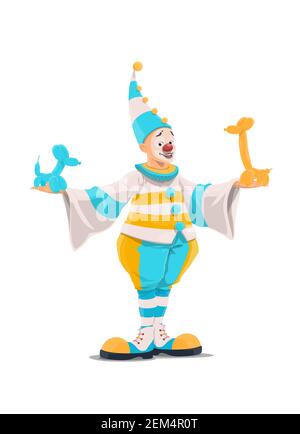 Clown con palloncini animali, circo e divertente carnevale cartoon carattere, icona vettore. Clown in costume a strisce bianche, gialle e blu con pom-pom h Illustrazione Vettoriale