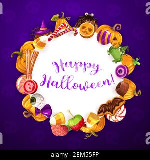 Banner rotondo Halloween con dolci natalizi. Trucco vettoriale o festa di cura, zucche dolci e caramelle paurose dolci e leccarie. Biscotti a forma di pipistrello, Illustrazione Vettoriale
