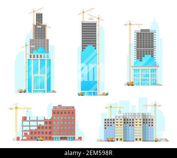 Costruzione di edifici icone vettoriali cartoni animati isolati. Gru industriali di lavoro mettono blocchi di pietra su facciate di edifici, betoniere e camion con san Illustrazione Vettoriale