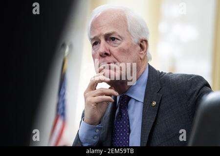 Washington, Stati Uniti. 24 Feb 2021. Il Sen. John Cornyn, R-Texas, partecipa all'audizione di conferma del Comitato di intelligence del Senato per William Burns, nominato direttore dell'Agenzia di intelligence centrale, a Russell Senate Office Building a Capitol Hill a Washington, DC il 24 febbraio 2021. Foto in piscina di Tom Williams/UPI Credit: UPI/Alamy Live News Foto Stock
