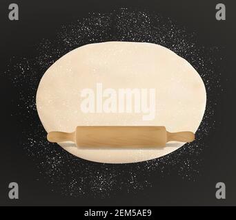 Impasto, frollino e farina su tavola, pasticceria arrotolata. Impasto per pizza vettoriale impastato su panetteria, pasticceria e panetteria nera. Pane e ki casalinghi fatti in casa Illustrazione Vettoriale