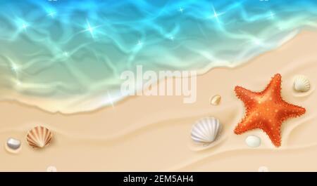 Costa del mare con sabbia, onde dell'oceano, conchiglie e stella di pesce vista dall'alto. Cartoon Vector spiaggia con spiaggia sabbiosa, acqua blu trasparente superficie, ciottoli e c. Illustrazione Vettoriale