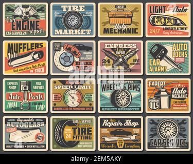Servizio di automobile e le piastre metalliche di parti auto. Carte vettoriali d'epoca del negozio di riparazione, pneumatici e cerchioni per ruote di veicoli, olio motore, cassetta attrezzi meccanica, candele, c Illustrazione Vettoriale