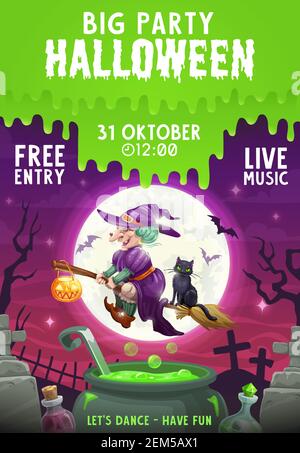 Invito vettore horror party di Halloween. Strega con lanterna di zucca, pipistrelli e gatto nero che volano sulla scopa sopra tombe cimitero, cielo notturno con moo pieno Illustrazione Vettoriale