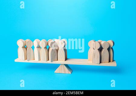 La gente è divisa in due gruppi disuguali sulla scala. Concetto di democrazia e indagini statistiche. Processo politico, elezioni democratiche. Diff Foto Stock