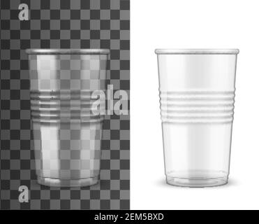 Tazze in plastica trasparente mockup 3d con contenitori monouso per bevande fredde. Modelli vettoriali di tazze da asporto per caffè, tè e succhi di frutta, cocktail Illustrazione Vettoriale