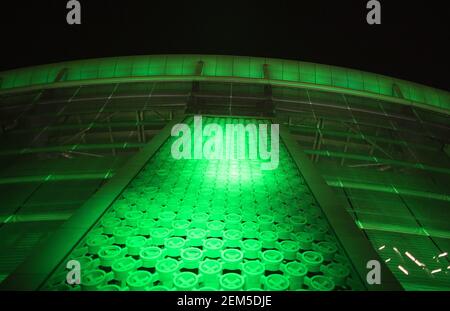 Die Puskas Arena erstrahlt in Gradbach grün Borussia Mönchengladbach - Manchester City Budapest, 24.02.2021, Fussball; Champions League, Saison 2020/2 Foto Stock