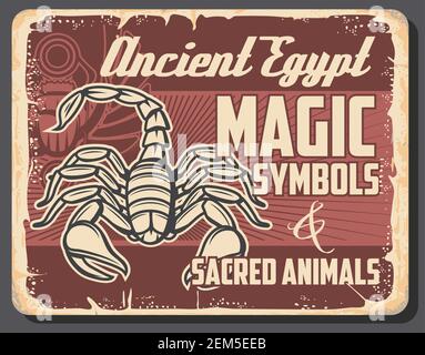 Antico Egitto scarabeo e scorpione animale disegno vettoriale di simboli religiosi egiziani. Bug magico con ali aperte e sole in zampe, animale sacro Illustrazione Vettoriale