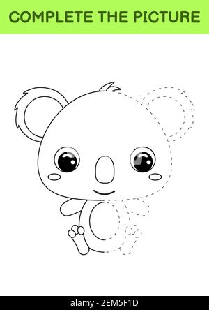 Foto disegnata completa di carino koala. Libro da colorare. Gioco DOT Copy. Pratica di scrittura a mano, formazione di abilità di disegno. Formazione sviluppo di lavori stampabili Illustrazione Vettoriale