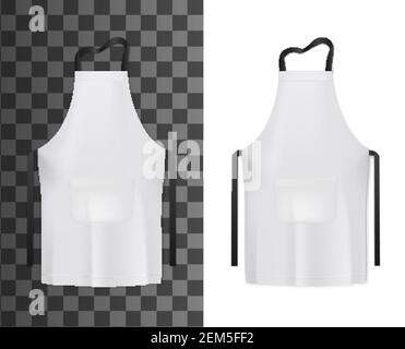 Grembiule bianco di cuoco o cuoco mockup vettoriali 3d. Cucina o panetteria personale uniforme modelli realistici di bib o grembiuli pinafore con corde nere, resta Illustrazione Vettoriale