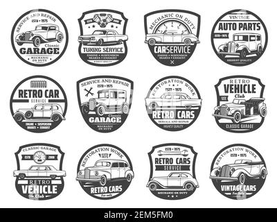 Icone di assistenza veicoli retro, manutenzione meccanica e messa a punto della stazione di garage. Vector rarità vintage e classici cars club distintivi, restauro, messa a punto Illustrazione Vettoriale