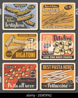 Poster vintage di pasta italiana, fast food, caffè e ristorante prezzo del menu. Vettore italiano tradizionali tortiglioni, spaghetti e rigatoni, ditalini o f Illustrazione Vettoriale