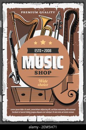 Gli strumenti musicali acquistano poster retrò d'epoca, concerti dal vivo e musica folk festival attrezzature audio. Strumenti musicali vettoriali, arpa, chitarra elettrica rock Illustrazione Vettoriale