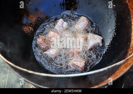 Friggere la carne in calderone all'aperto sul fuoco. Viaggi, turismo, cucina pic-nic, cucinare al palo in un calderone, fuoco e fumo. Foto Stock