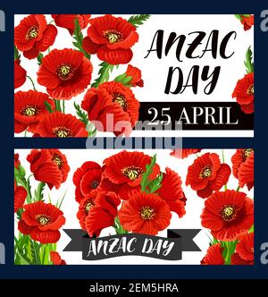 Anzac giorno papavero fiori disegno vettoriale dei soldati australiani e neozelandesi ricordo anniversario. Veterani di guerra Anzac Day Lest dimentichiamo il ricordo Illustrazione Vettoriale